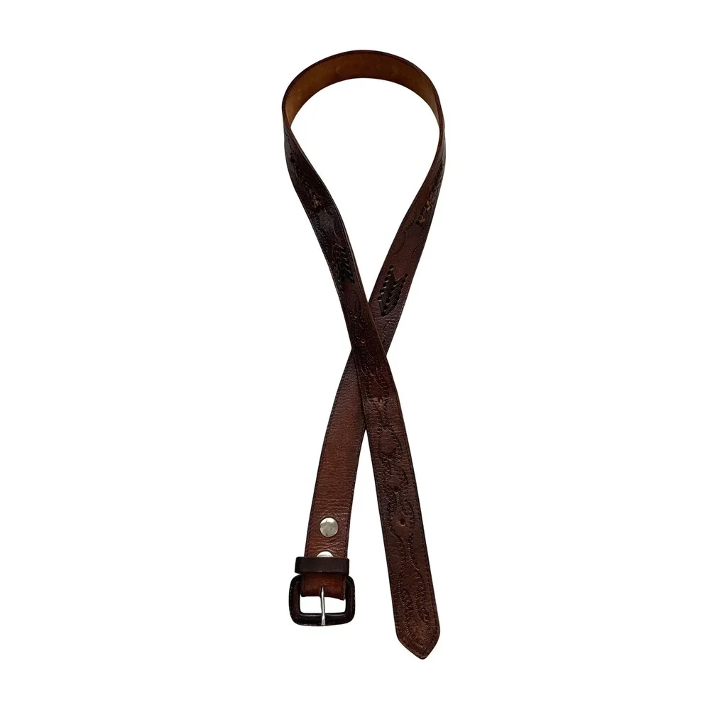 Vintage Brown Tooled Leather Belt Whipstitch Western Boho 32-36